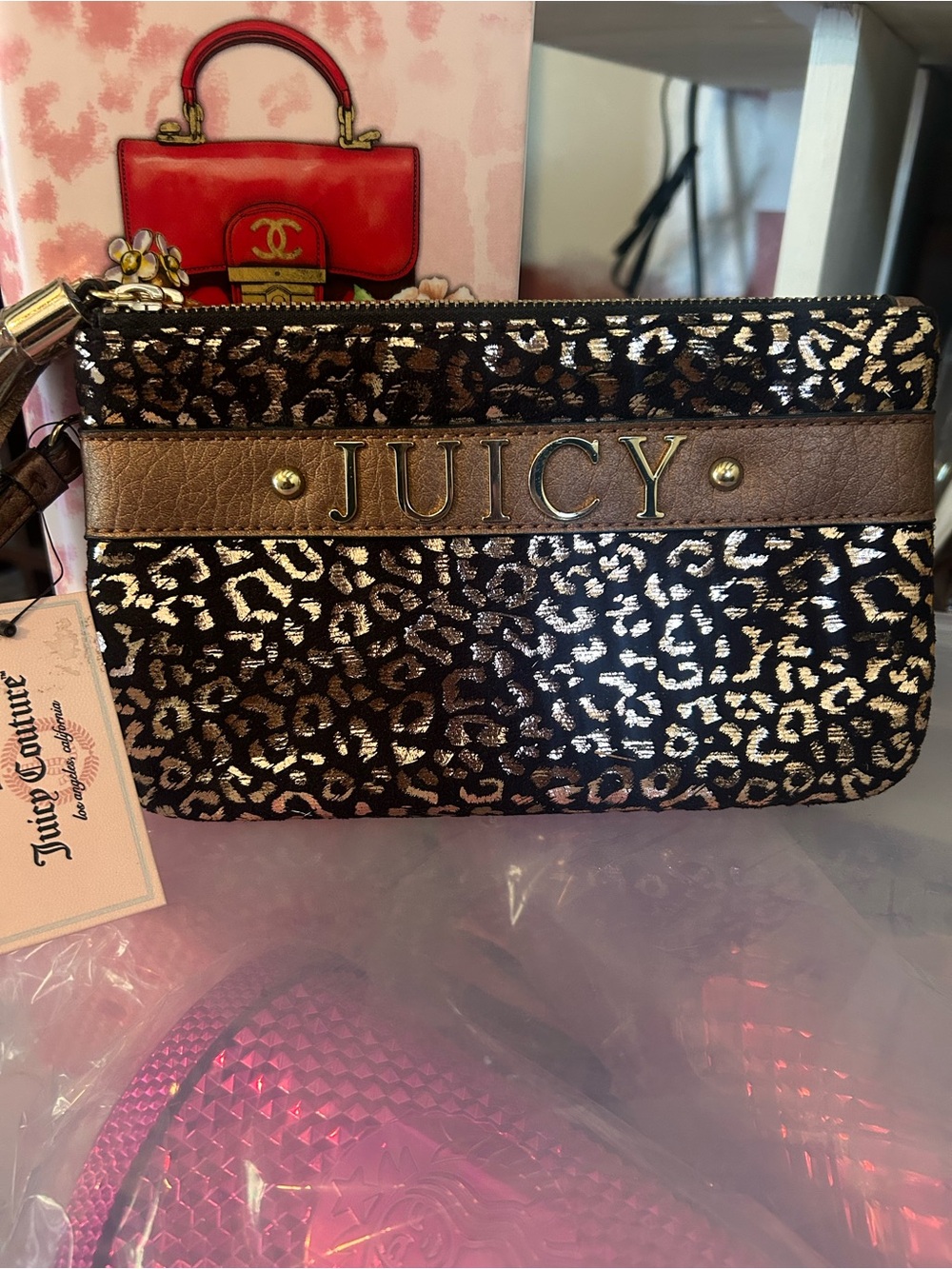 Juicy Couture Metallic Leopard Print Wristlet in Brown & Gold
